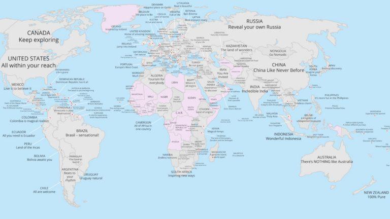 Este mapa muestra los slogans de cada país del mundo, para promocionar su turismo