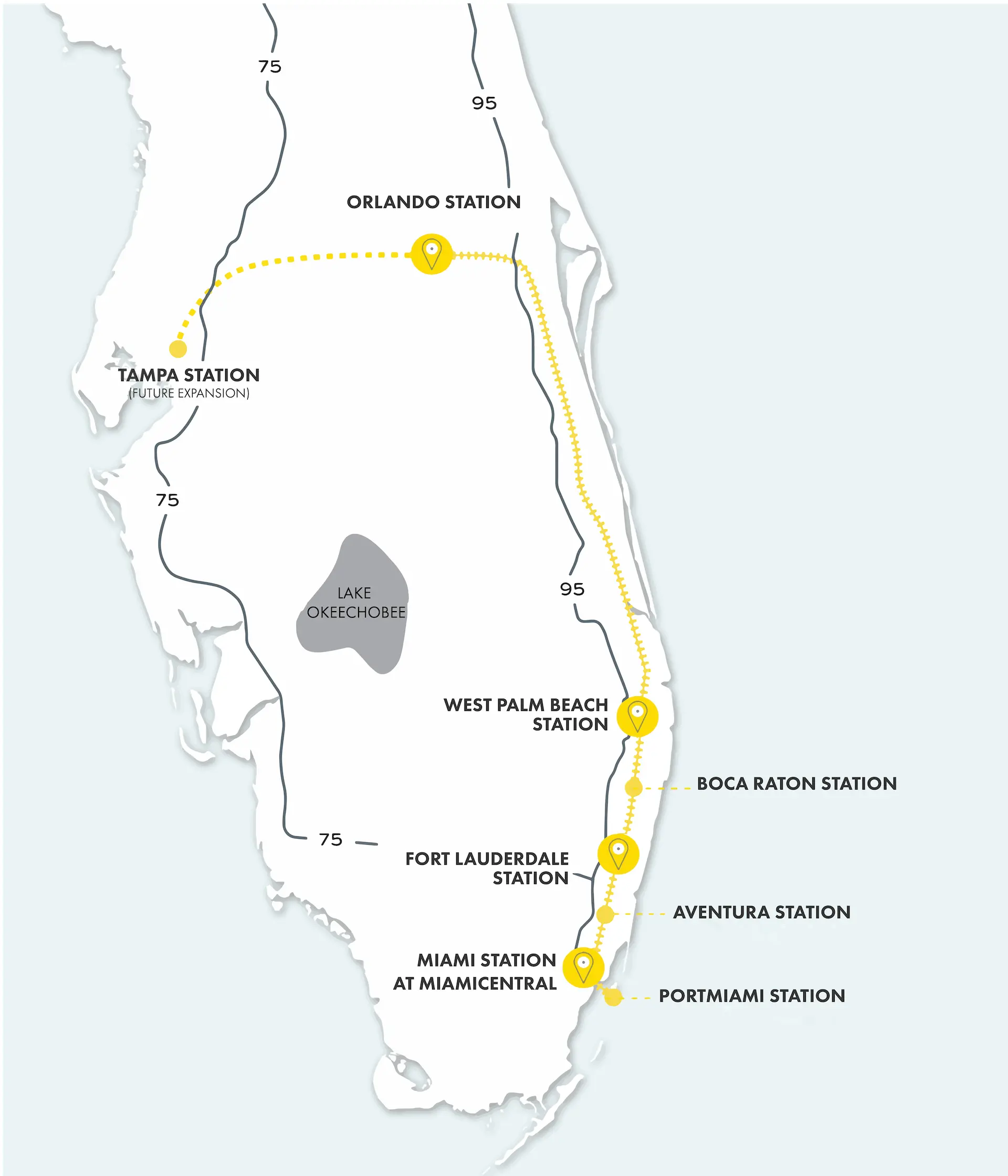 El mapa del recorrido y las imágenes del tren Miami a Orlando