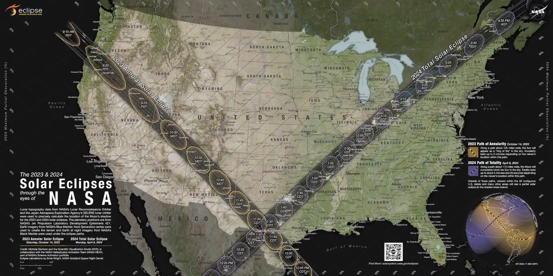 El mapa para ver los eclipses solares de 2023 y 2024