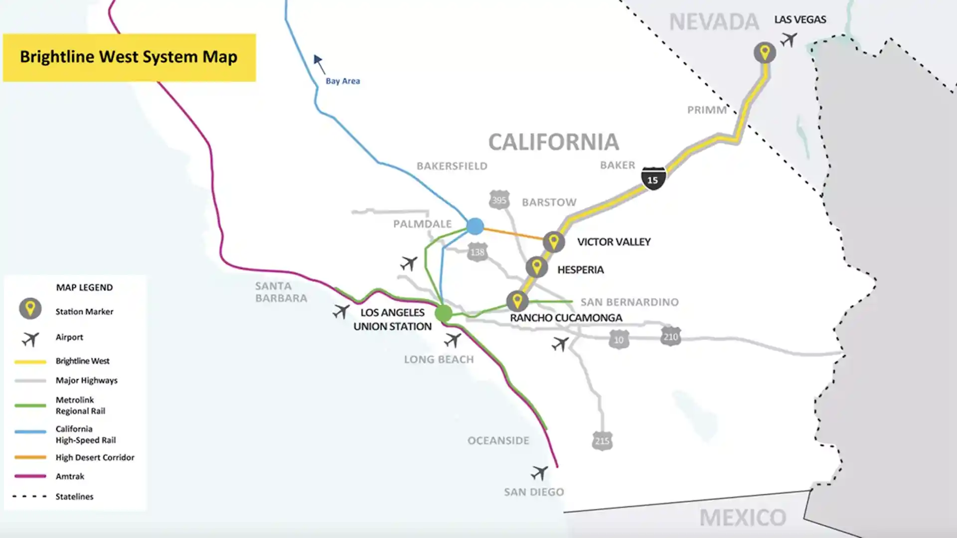 Así será el recorrido del tren rápido Los Ángeles a Las Vegas: mapa