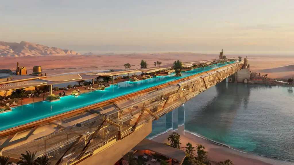 Treyam: el nuevo hotel sobre un puente vidriado en Arabia Saudita